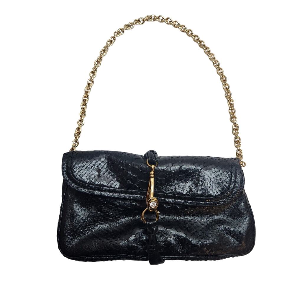 Henri Bendel Womens Black SnakeSkin Leather Gold Chain Shoulder Clutch Bag